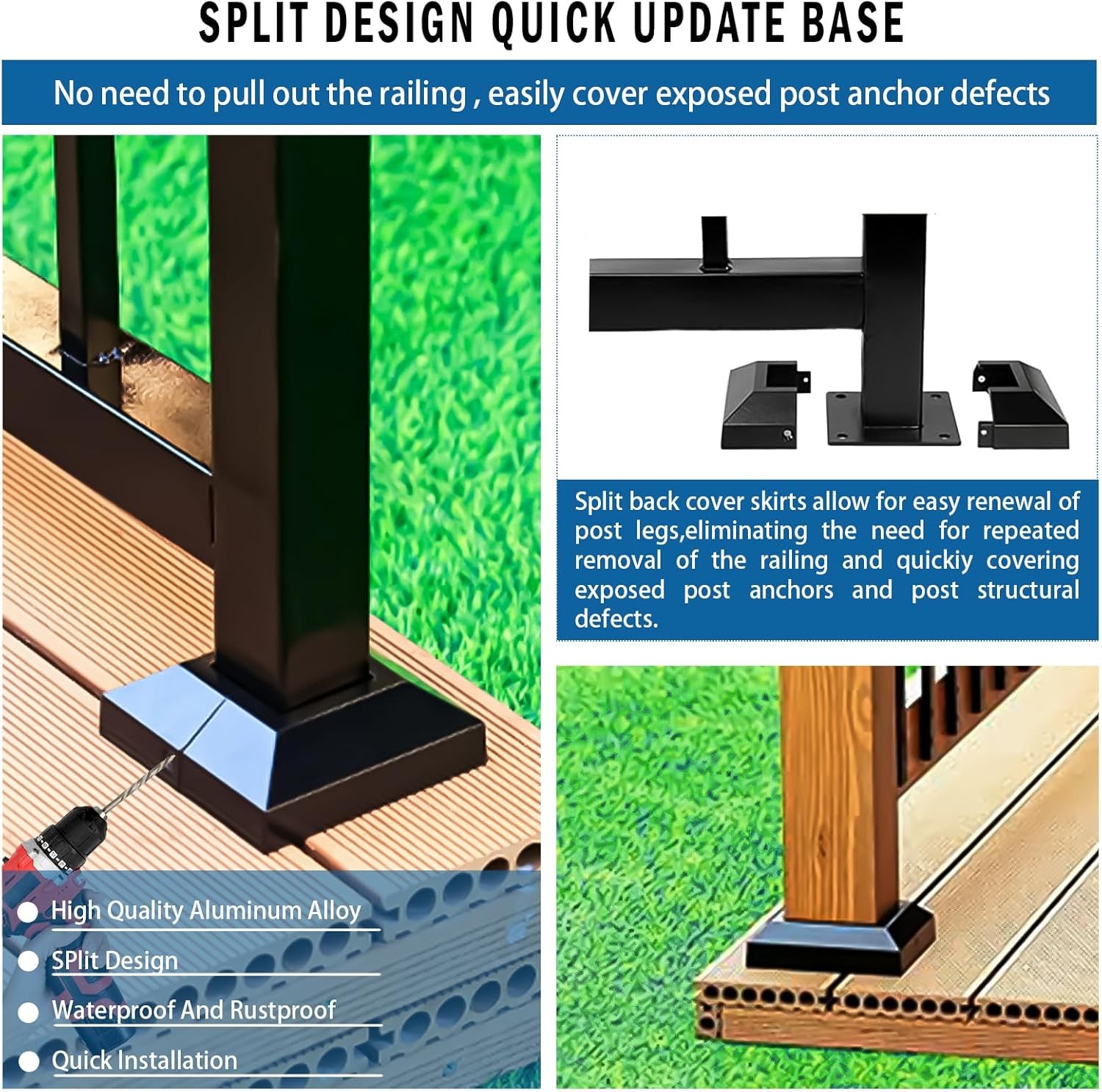 Post Cover Plate for 2" Floor Flange, 2-Piece, Flange Base 2'' cover, Black 