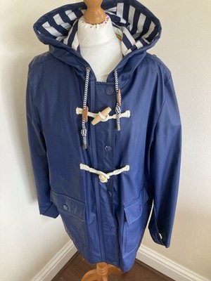 JOULES REGENMANTEL UK 16 MARINERS GRADE MARINEBLAU TASCHEN KNEBELKNÖPFE KAPUZE SEHR GUTER ZUSTAND