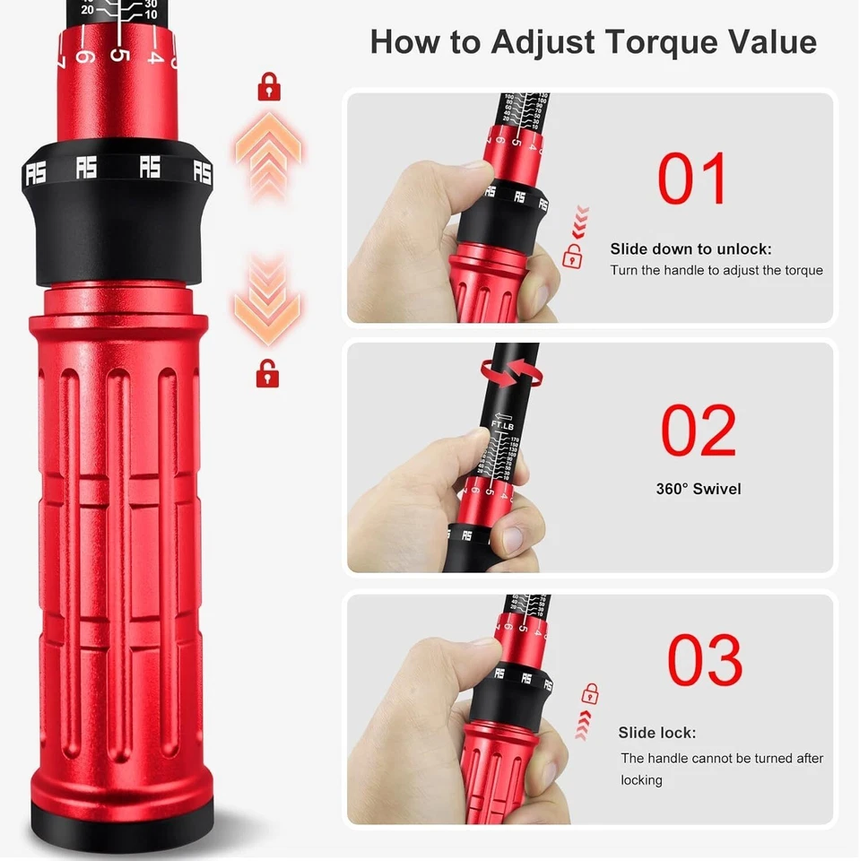 1/4 3/8 1/2 英寸驱动扭矩扳手套装,72 型双比例可调节工具适用于 Ca — 第 4/4 张图片