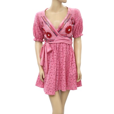 Odd Molly Anthropologie Eyelet Embroidered Mini Dress Wrap Pink XS-0 New 210628