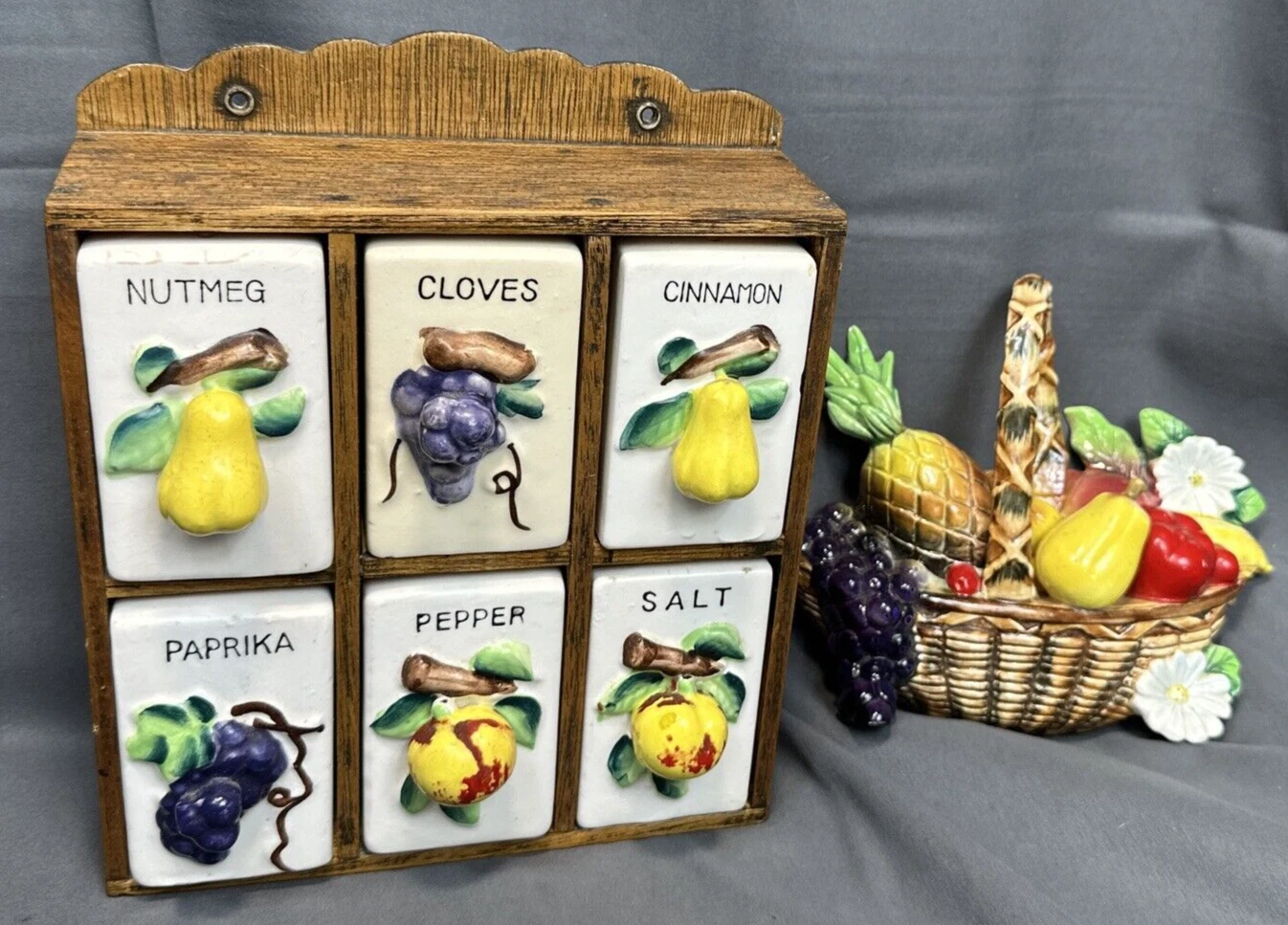 Vintage Ceramic Spice Jar Set w Wooden Wall Rack Fruit Motif Salt Pepper 6pc