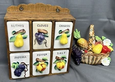 Vintage Ceramic Spice Jar Set w Wooden Wall Rack Fruit Motif Salt Pepper 6pc
