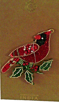 NEW 4'' BEADED GEM CARDINAL ORNAMENT HANDCRAFTED IN INDIA FREE SHIP
