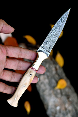 HANDMADE DAMASCUS KNIFE  FORGED STEEL HUNTING DAGGER BOOT KNIFE CAMEL BONE 864