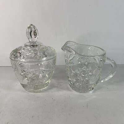 Vintage Anchor Hocking Star Of David Creamer and Sugar Set Clear Cut Glass Ware