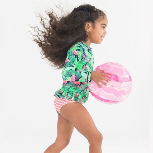 NWT RuffleButts Ruffle Hem Rash Guard 2-Piece Swimsuit flamingos palms Size 6