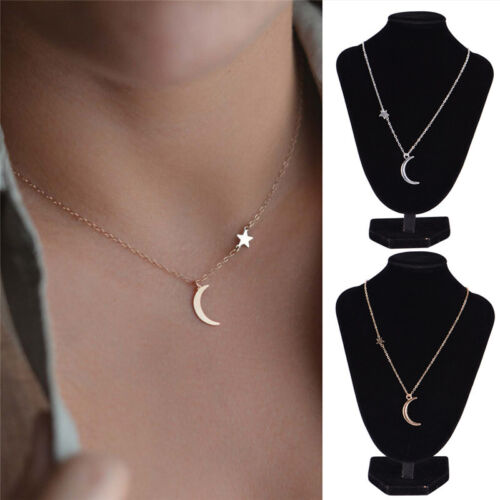 Moon Star Pendant Necklace Choker Necklace Gold Silver Long Chain S SA - Picture 1 of 14