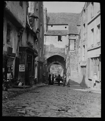 ANTIQUE Magic Lantern Slide FALAISE A SIDE STREET 1908 EDWARDIAN PHOTO NORMANDY