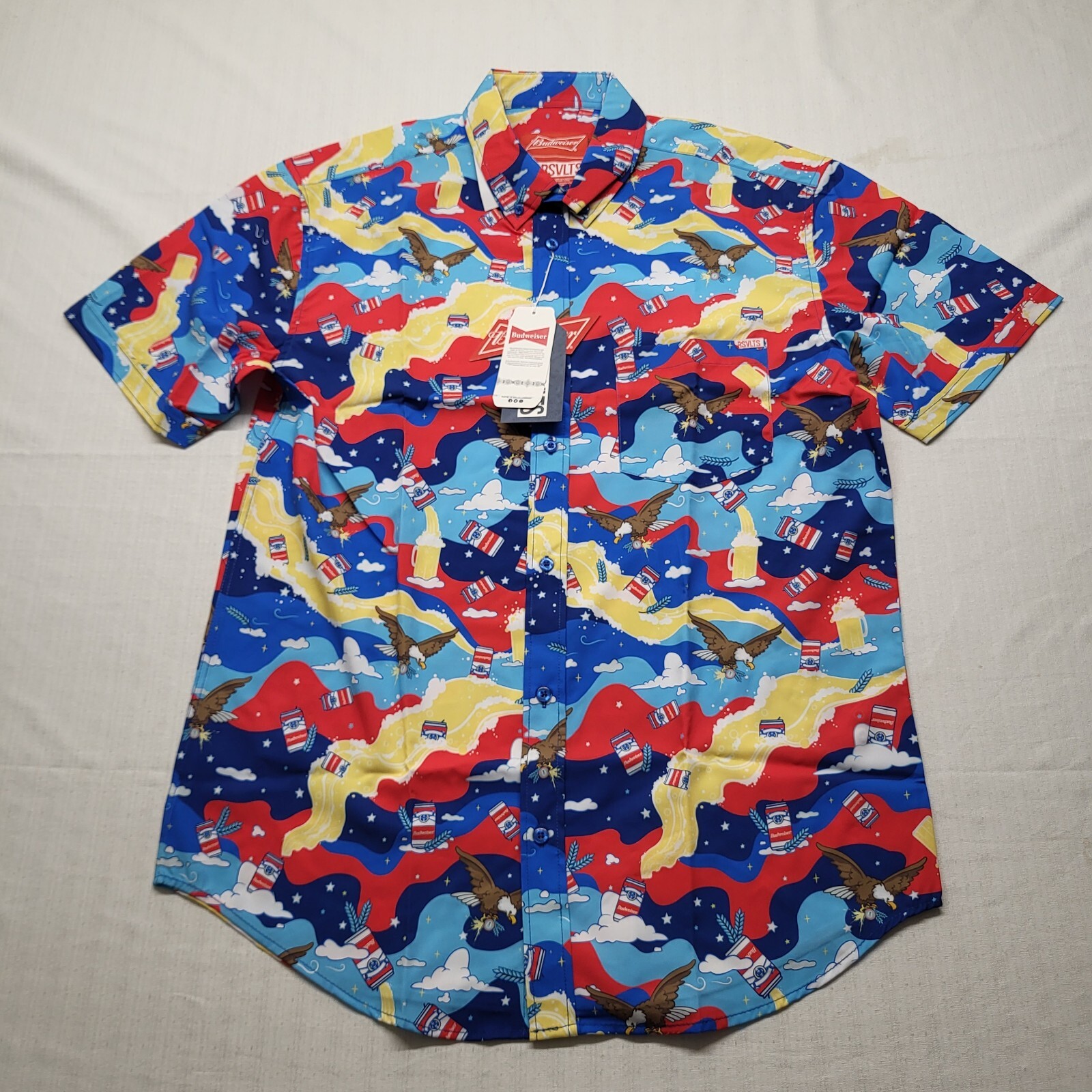 RSVLTS Button Down Shirt Mens Large Blue Budweiser Kunuflex Short Sleeve Stretch-image