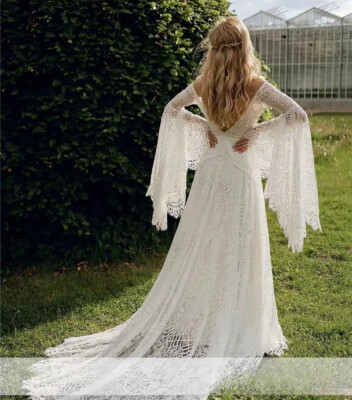 chinese dress ladies Zapaka Women Ivory Lace Flare Sleeves A-Line Wedding Dress V-Neck Sweep Train Bridal Dress, Ivory / US16 main image 0
