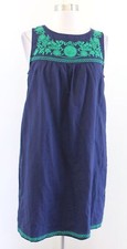 J Crew Navy Blue Green Floral Embroidered Linen Blend Casual Shift Dress Size S