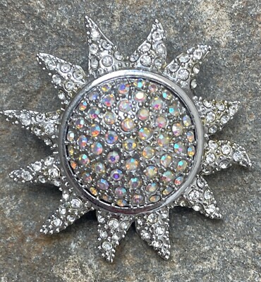 Vintage Brooch Aurora Borealis Rhinestones Jewelry Pin Pendant Sun Burst
