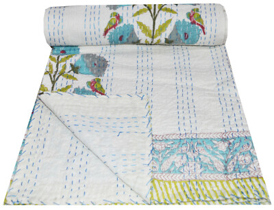 Indian Cotton Kantha Bedding Bedspread Throw Blanket Twin Size Floral Print Gudr