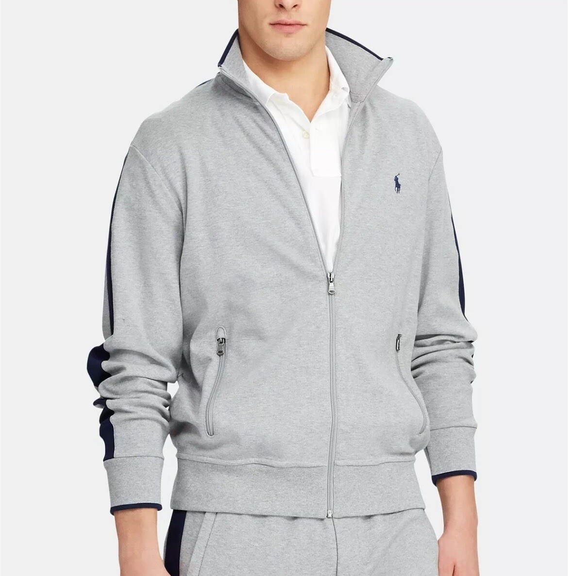 Giacca da pista Polo Ralph Lauren taglia XL grigia a righe logo pony cerniera intera nuove etichette