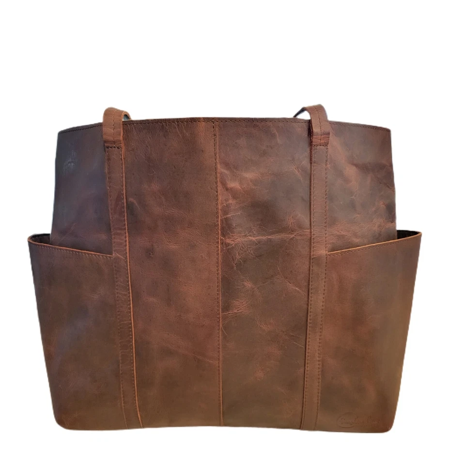 NUEVO Bolso de Mano Extra Grande con Bolsillos Laterales - Cuero Granulado Superior, Cuero Genuino Foto 4 de 4