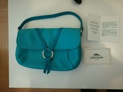 Magnifique Petit Sac à main Bleu Marque Longchamp En tissus et cuir Comme Neuve - Photo 1/4