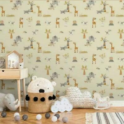 Kindertapete Beige Hintergrund mit Tieren Safari Thema Spaß Wandverkleidung 