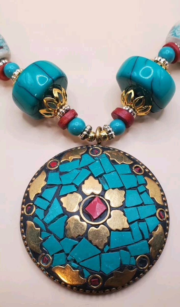 Tibetan Stone & Brass Inlay Mosiac & Beaded Necklace  - Turquoise & Red Colors