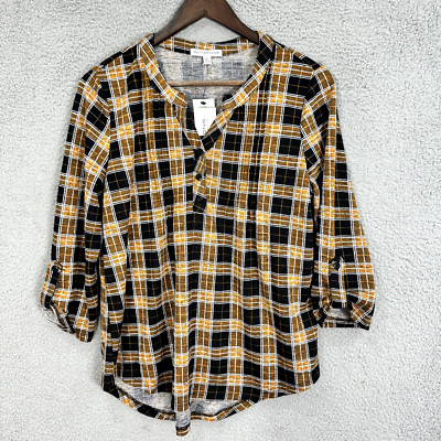 Notations Popover Top Womens Large Petite Black Plaid 3/4 Roll Tab Sleeve V Neck