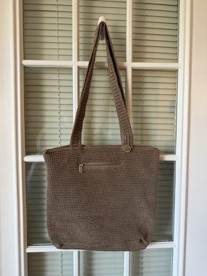 The Sak Crochet Knit Tote Bag BEIGE  Shoulder Boho Cottagecore Y2K Zip Top
