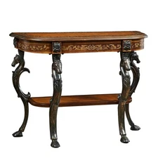 Linon Masterpiece Floral Demilune Metal and Wood Console Table in Brown