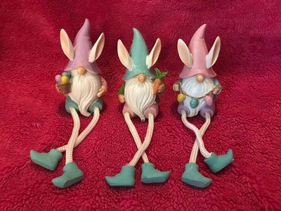Easter Bunny Gnome Dangling Legs Resin 7  Shelf Sitter Set Of 3 New in Box!