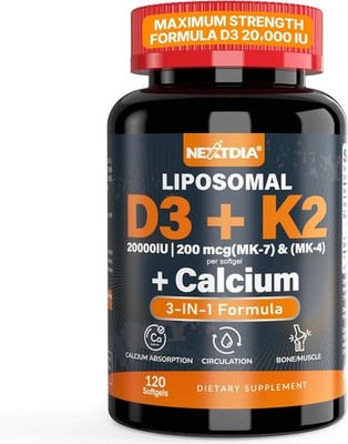 Vitamin D3 20,000 IU + K2 Vitamin (MK4&MK7) 200mcg + Calcium Citrate,Optimal Vit