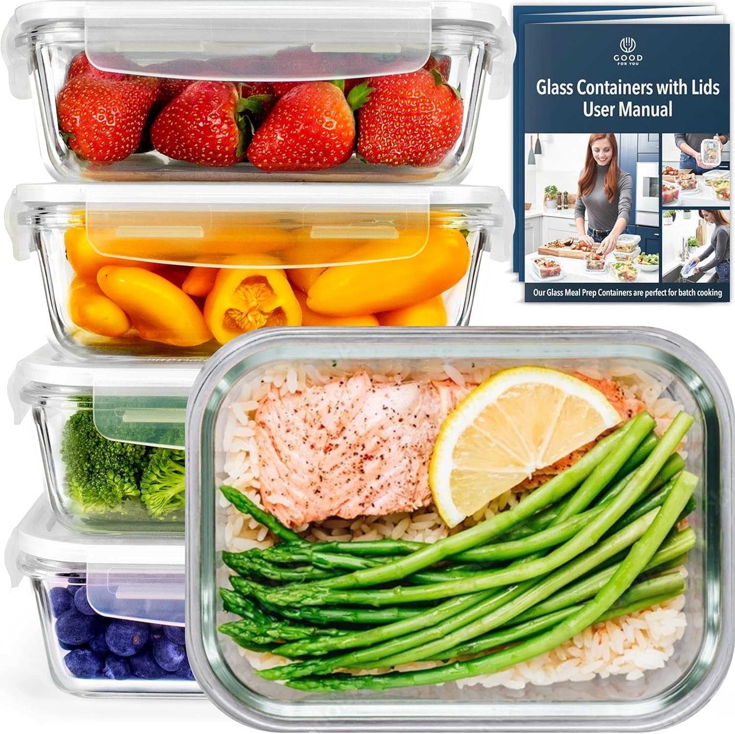 5 Pack 850ml Glass Meal Prep Containers with Vented Leakproof Lids Borosilicate
