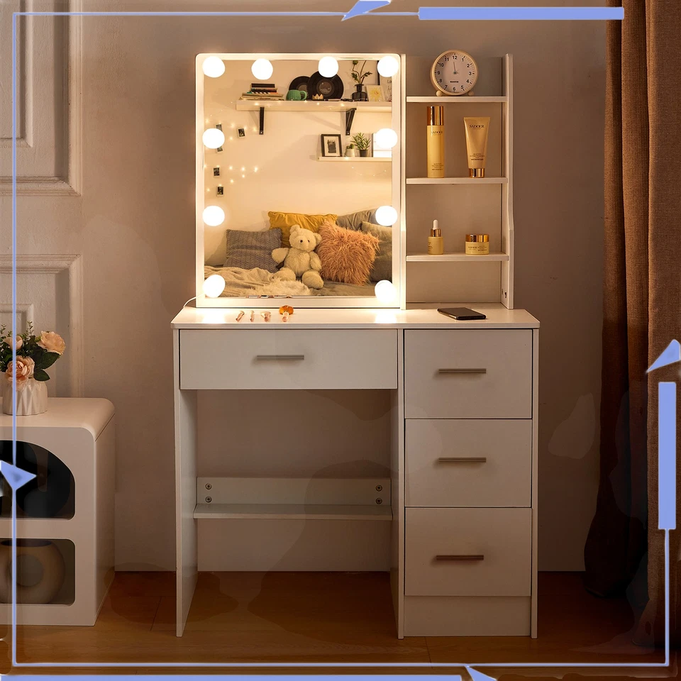 Tocador Moderno con Luces LED Espejo y 4 Cajones Tocador Escritorio Blanco Foto 4 de 4
