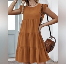 Kirundo Burt Orange Tiered Babydoll Dress Ruffle Sleeve Mini Women?s size XL