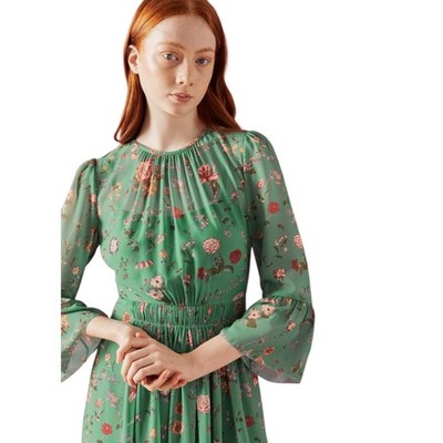 LK Bennett Amanda Midi Dress UK 14 US 10 Green Camelia Floral Georgette New