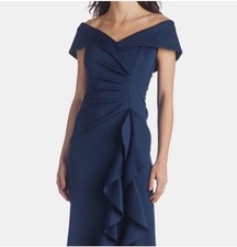 XSCAPE Off the Shoulder Ruffle Front Knit Gown Navy Blue Size 8 Style 4581XN