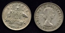 AUSTRALIA 1960 QUEEN ELIZABETH II SILVER SIXPENCE 6d COIN