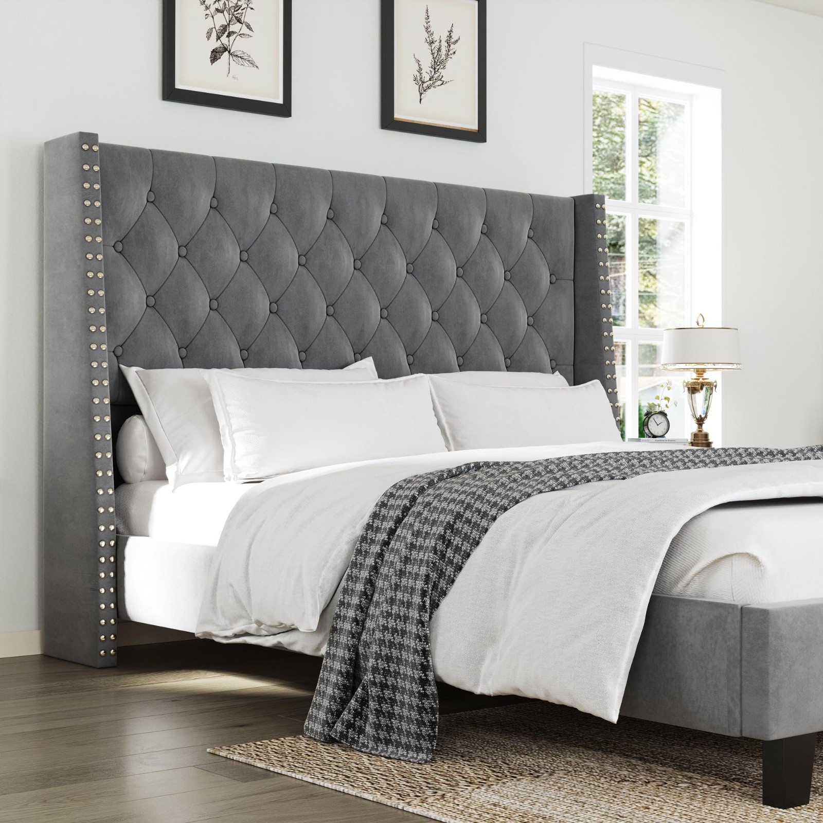 With  Tufted Velvet Wingback Headboard