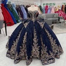 Luxury Navy Quinceanera Dresses Gold Appliques Party Prom Sweet 16 Ball Gown