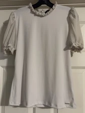 Tahari Ruffle Neck Chiffon Puff Sleeve Size M Liquid Knit Pullover Zipper Back