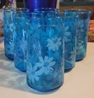 Set of 6 Vintage Anchor Hocking Embossed Glasses Misty Blue Daisy Flowers 5"