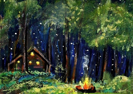 ACEO Original PAINTING Summer CABIN Camping Fire Night Stars Landscape ATC ART