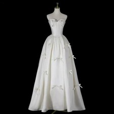 Satin A-line Wedding Dress Simple Strapless Applique Bow Floor-Length Bride Gown