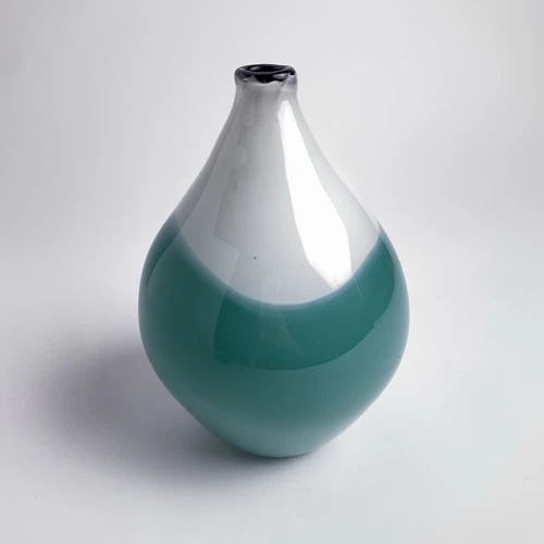 Beautiful Vintage Art Glass Vase Aqua White 8.5”h