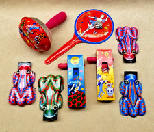 8 Vtg Noisemaker Tin Litho Metal Kirchhof New Year's Eve Party Clicker Toy Japan