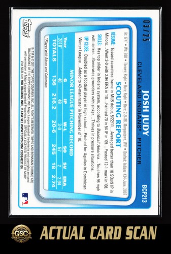 2011 Bowman Chrome #BCP213 Josh Judy Prospects Orange Refractors #/25 - Picture 2 of 2