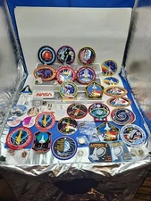 Lot of 19 NASA Related Space Shuttle Mission Patches And 30 Pins + Keychains.