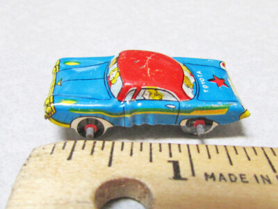 Vintage Tin Toy Car Japan Blue Tin Lithograph Mini Toyota wheels