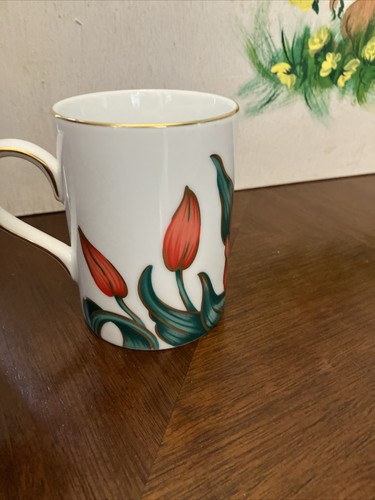 Vintage TULIPE ROUGE KAFFEETASSE FITZ & FLOYD Blume Japan Rotgold Borte 9 Unzen - Bild 3 von 6