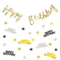 Happy Birthday Geburtstag Party Deko Set - Girlande + Konfetti Gold Schwarz Mix