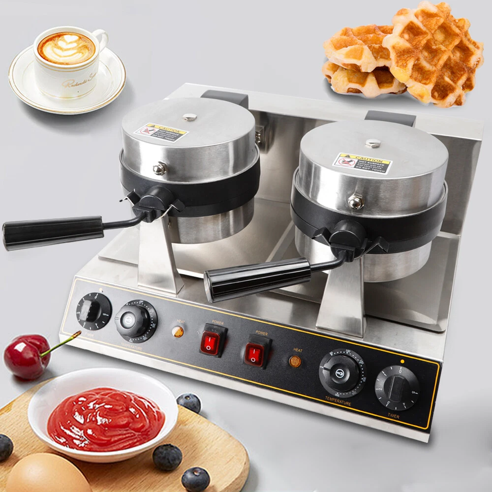 Commercial Dual Head Belgian Waffle Maker Rotating Double Waring Breakfast Maker