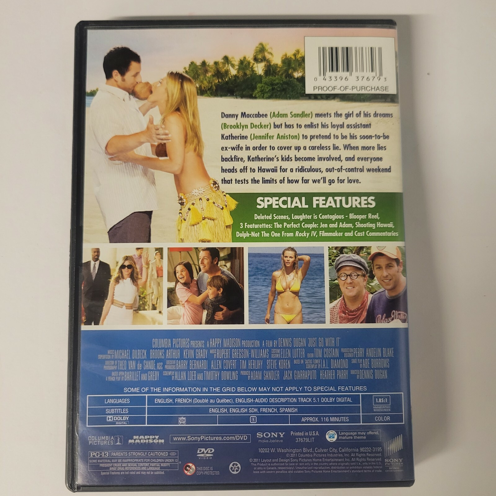 Just Go with It (DVD, Sony) Adam Sandler Jennifer Aniston Very Good