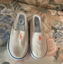 Polo Ralph Lauren Tennis Shoes Slip On Sneakers Boy Kids Size 7 Logo Natural Tan