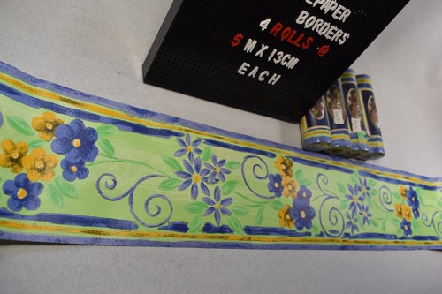 Papel Pintado Vinilo Brillante 20m Borde Azul Dorado Verde Flor Floral Cocina Mostaza - Imagen 2 de 6